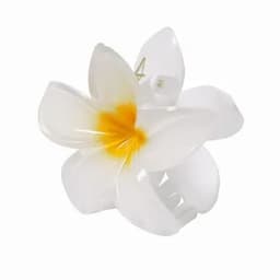 A hair clip in the shape of a white flower with a yellow centre, featuring a clip mechanism on the back.