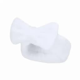 A white fluffy hairband with a bow design, made from soft material. It features a logo on the side.