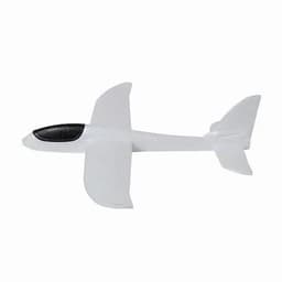 A toy airplane in white with a black nose. The plane features wings and a tail design. It has a simple, streamlined shape.