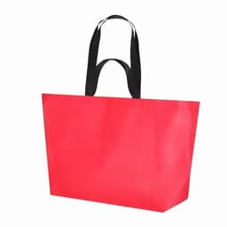 A tote bag in bright red with black handles, featuring a simple design and a spacious interior.