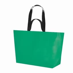 A green tote bag with black handles, featuring a glossy surface and a spacious design.