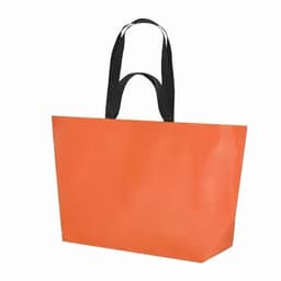 A tote bag in orange with black handles, featuring a simple design and no visible logos.