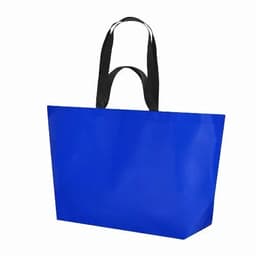 A blue tote bag with black handles, featuring a simple design and spacious interior.