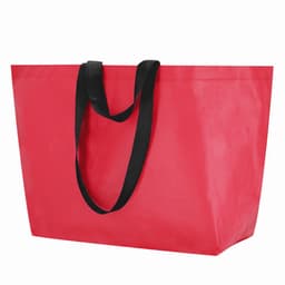 A large red tote bag with black handles, featuring a simple and functional design.