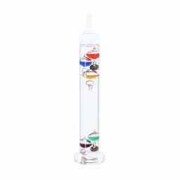 A Galileo thermometer with liquid-filled glass tubes and colourful floating beads in various colours. It has a clear glass body.