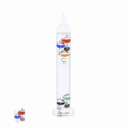A Galileo thermometer in a clear glass tube with colourful floating glass spheres. It's mounted on a circular base.