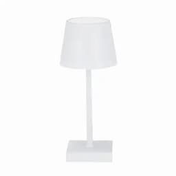 A lamp with a white shade and base, featuring a simple and modern design. It has a slender stem.