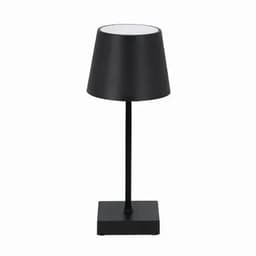 A table lamp with a black conical shade and a black base, featuring a simple and modern design.