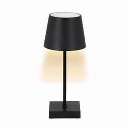 A table lamp with a black shade and base, featuring a slender black stem and a round top.