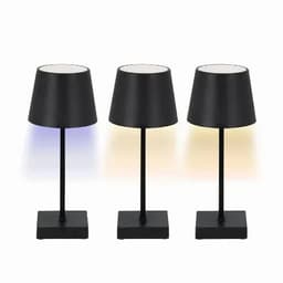 Three black table lamps with conical shades and square bases, each displaying different ambient lighting effects.