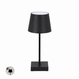 A black table lamp with a cylindrical shade and a square base, featuring a touch control switch.