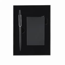 A gift set featuring a black pen and a black notebook, presented in a black box with a sleek design.
