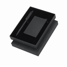 A gift set featuring a black notebook and a matching pen, presented in a sleek black box.
