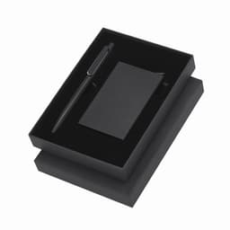 A black gift set featuring a pen and a notepad, presented in a sleek black box with a soft interior.
