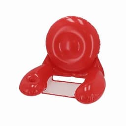 A red inflatable float with a rounded design and armrests, featuring a cup holder.