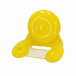 A bright yellow inflatable pool float in the shape of a lion, featuring arms and a seat.