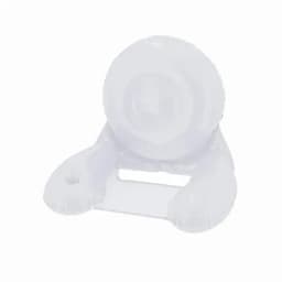 A clear drink bottle with a rounded top and a spout, featuring a logo on the side.