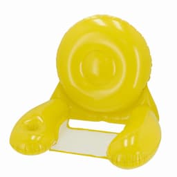 A yellow inflatable float with a circular ring and two armrests. It features a transparent seat panel.