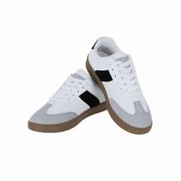 A pair of white sneakers with grey and black accents, featuring a rubber sole and lace-up design.