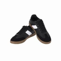 A pair of black sneakers with white accents and a gum sole, featuring laces and a sporty design.