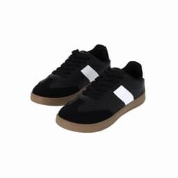 A pair of black and white sneakers with a gum sole and lace-up design.