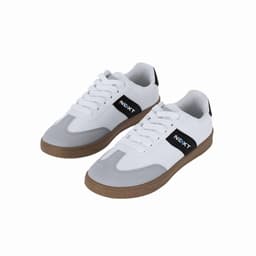 A pair of white and grey sneakers with a black logo on the side and a gum sole.