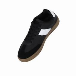 A sneaker featuring a black and white design with a textured black upper and a gum sole. It has a lace-up closure.