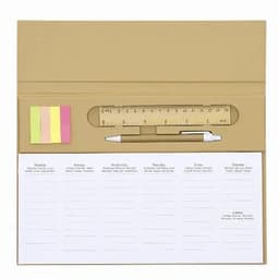 A desk organiser featuring a beige folder, sticky notes, a ruler, and a pen, with a weekly planner underneath.