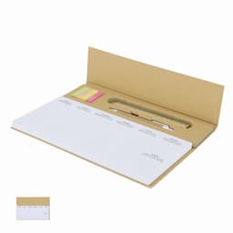 A stationery set featuring a brown folder, ruler, and sticky notes in assorted colours.