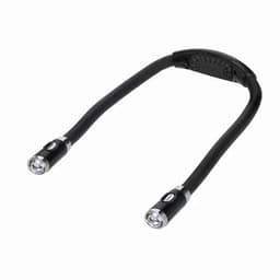 A flexible neck light with two LED lamp heads and a soft black body. It has a central control unit for switching on and off.