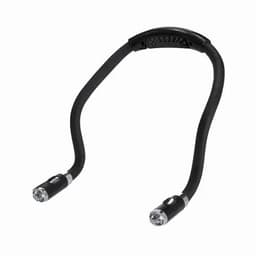 A neck light with adjustable arms and two light heads, featuring a black design and silver accents.