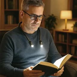 A book light worn around the neck illuminates a man reading in a cozy setting, surrounded by books and warm lighting.