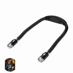 A flexible, black neck light with two adjustable LED lamps at each end and a control button in the centre.