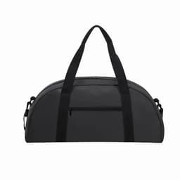 A duffle bag in black with dual handles and a detachable shoulder strap, featuring a front zip pocket.