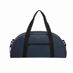 A duffel bag in navy blue with black straps and a front zip pocket, featuring a logo on the side.