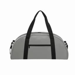 A duffle bag in grey with black straps and a zippered pocket on the side. It has a sleek, rounded design.