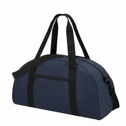 A duffel bag in navy blue with black straps and a zippered front pocket. It features a simple, sleek design.