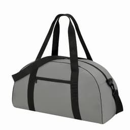 A grey duffel bag with black straps and a front zip pocket, featuring a logo.