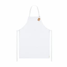 A white apron with adjustable ties and a small tag attached, featuring a simple design.