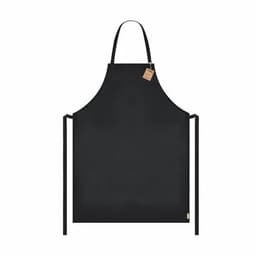 A black apron with adjustable ties and a hang tag. It features a simple, minimalist design.