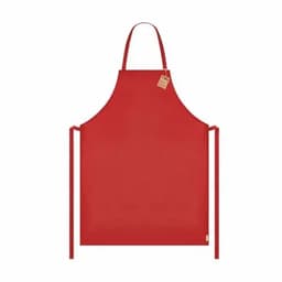 A red apron with ties and a tag, featuring a simple design and no visible patterns.