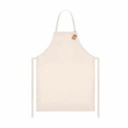 A cream-coloured apron with long ties and a simple design, featuring a hanging tag.