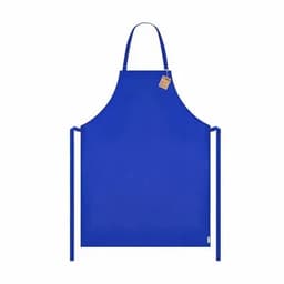 A blue apron with ties and a neck loop, featuring a simple design and a tag.