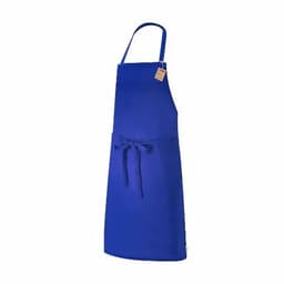 A blue apron with a tie at the waist and a neck strap, featuring a tag.