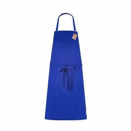 A blue apron with a neck strap and a waist tie, featuring a tag but no visible logos.