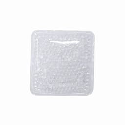 A square gel pack filled with clear, round beads, encased in a transparent plastic cover.