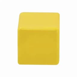 A yellow cube with a smooth, glossy surface and sharp edges, resting on a flat surface. The cube has no branding visible.