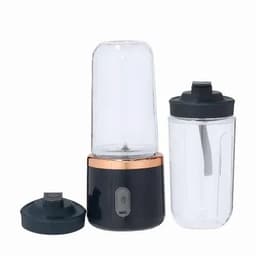 A drink bottle and blending unit in black with a clear glass container and copper accents. Features a logo on the base.