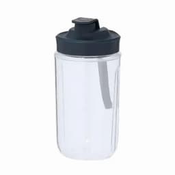 A transparent drink bottle with a dark lid and a built-in straw. It features a simple design and a logo.