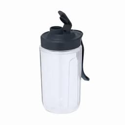A drink bottle with a transparent body and a dark grey lid featuring a flip-top spout and a handle.
